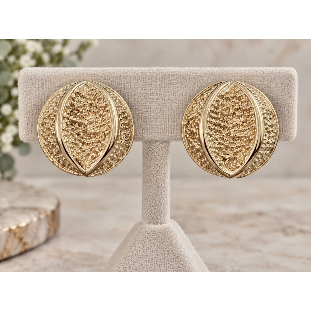 Vintage Coro Gold Tone Textured Domed Clip On Earrings Mid Century Modern Round